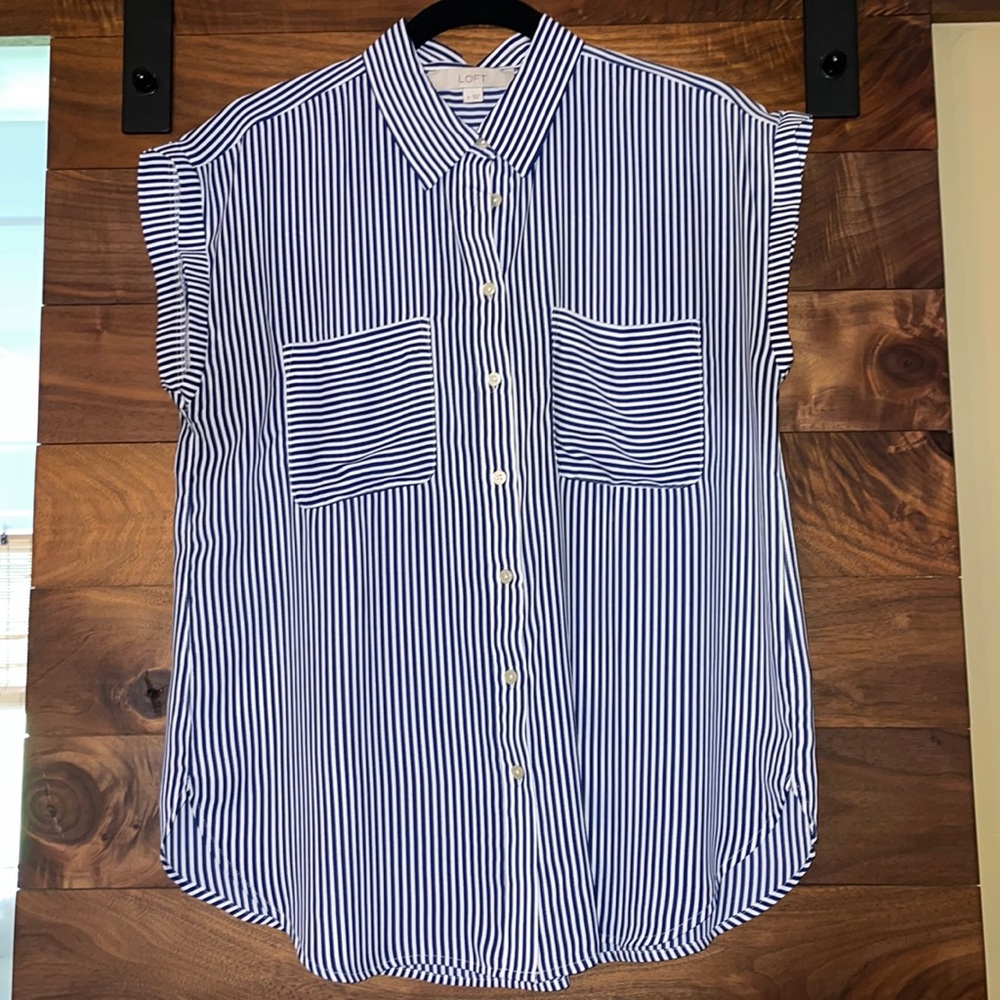 LOFT navy blue & white striped blouse